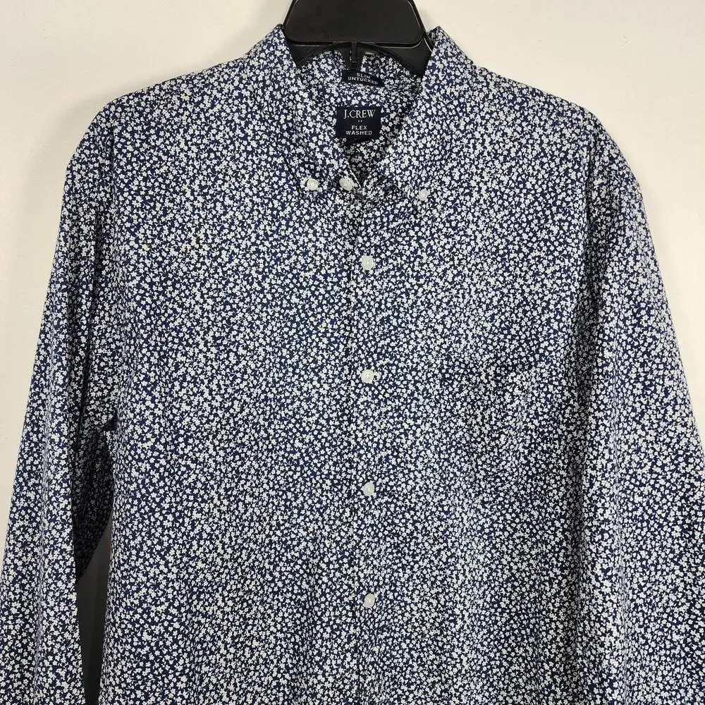 J. Crew Mens Shirt XL Flex Washed Slim Untucked Floral Button Blue Long Sleeve